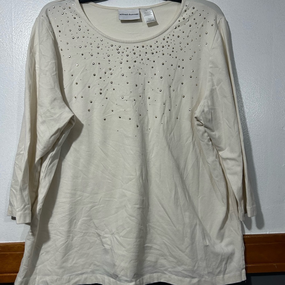 Alfred Dunner Cream Long Sleeve Scoop Neck Top with Rhinestones